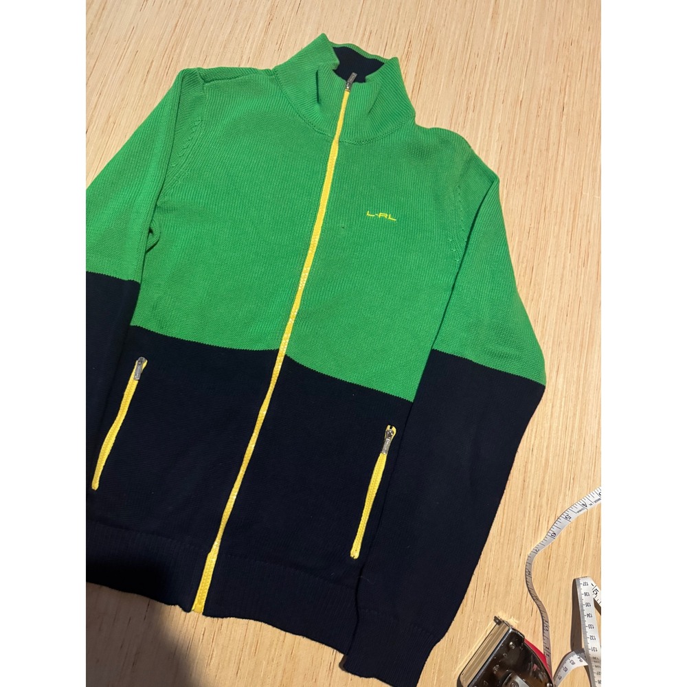 Lauren Ralph Lauren  Women M Green Navy Colorblock Full Zip Cotton Sweater 46